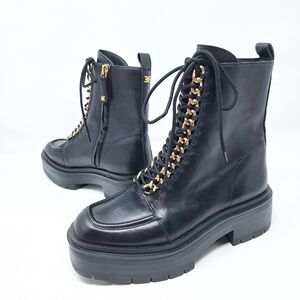 Sam Edelman Black Leather Lovrin Lace-Up Boots with Gold Accents